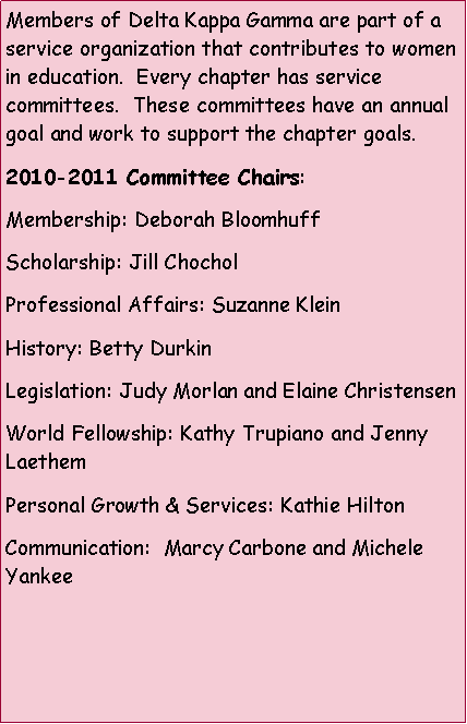 Text Box: Members of Delta Kappa Gamma are part of a service organization that contributes to women in education.  Every chapter has service committees.  These committees have an annual goal and work to support the chapter goals.2010-2011 Committee Chairs:Membership: Deborah BloomhuffScholarship: Jill ChocholProfessional Affairs: Suzanne Klein History: Betty DurkinLegislation: Judy Morlan and Elaine ChristensenWorld Fellowship: Kathy Trupiano and Jenny LaethemPersonal Growth & Services: Kathie HiltonCommunication:  Marcy Carbone and Michele Yankee